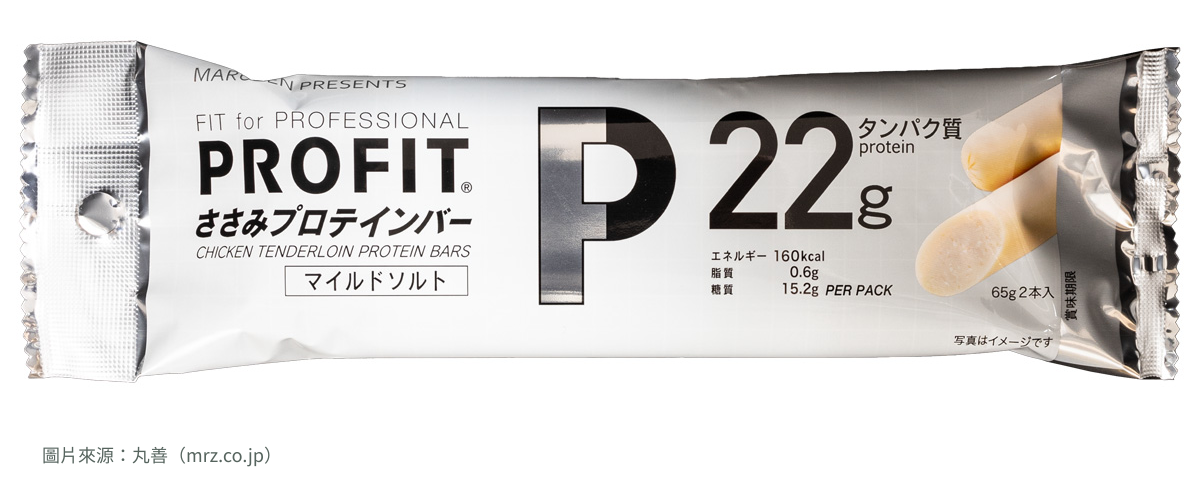 丸善PROFIT淡鹽口味現行完整包裝,標示65g兩條及每包蛋白質22g