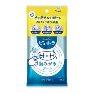 PureOra潔牙濕巾15枚入的黃色與藍色日本包裝