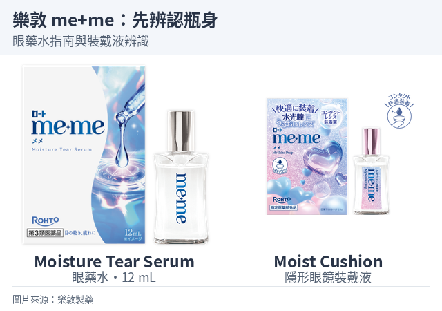樂敦 me+me Moisture Tear Serum 眼藥水，以及外觀相近的 Moist Cushion 隱形眼鏡裝戴液。