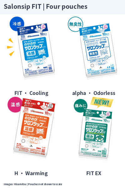 Hisamitsu Nobinobi Salonsip FIT, alpha, H and EX 10-patch pouches in a two-by-two arrangement