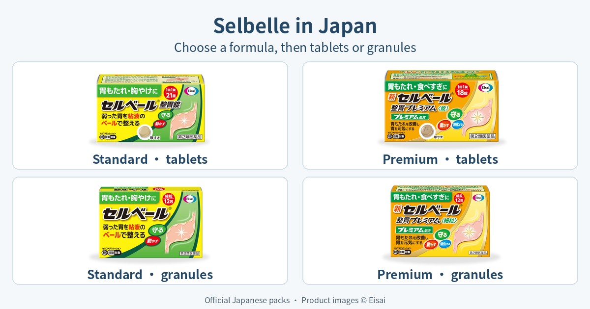 Four official Japanese Selbelle packs: standard and Premium tablets and fine granules