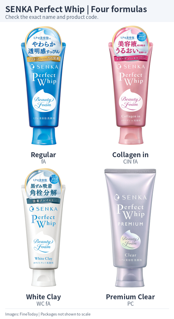 SENKA Perfect Whip blue fA, pink Collagen in CIN fA, white White Clay WC fA and silver Premium Clear PC tubes.