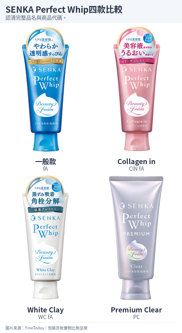 SENKA Perfect Whip藍色fA、粉紅色Collagen in CIN fA、白色White Clay WC fA及銀色Premium Clear PC軟管。