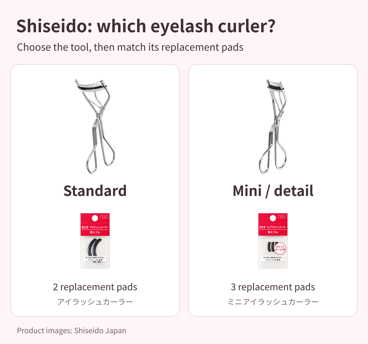 Shiseido standard and mini eyelash curlers with their matching replacement pads; choose curler format and verify pad compatibility