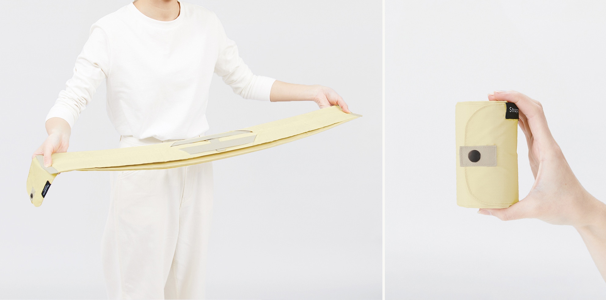 Official Shupatto L demonstration showing the bag pulled into a strip and the finished button-fastened roll