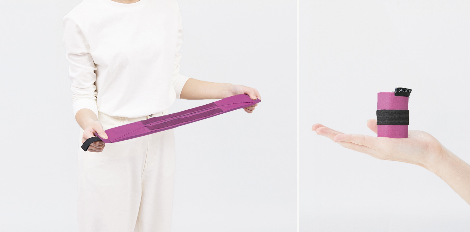 Official Shupatto S demonstration showing the bag pulled into a strip and secured with its black elastic band