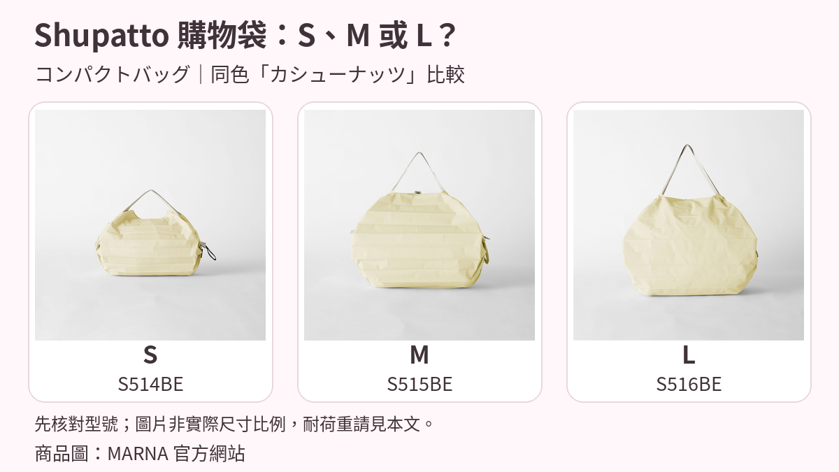 MARNA Shupatto コンパクトバッグ カシューナッツ色的S、M、L完整官方商品照片，型號依序為S514BE、S515BE、S516BE。