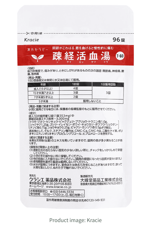 Original Kracie Sokeikakketsuto 96-tablet inner pouch retaining directions and ingredients
