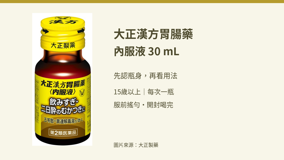 大正漢方胃腸藥內服液30mL完整瓶身與用法重點