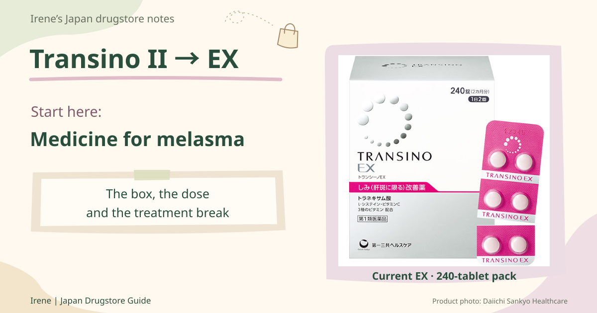 Transino II to EX: melasma medicine guide with the current 240-tablet EX box and pink PTP blister