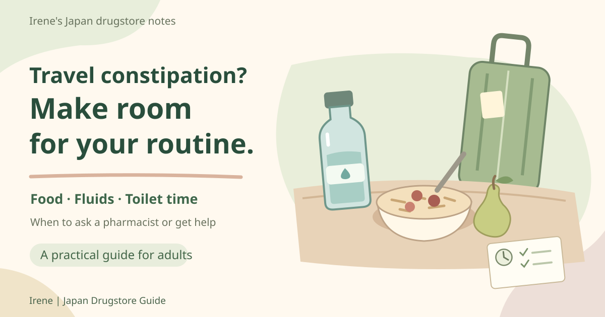 Water, fruit, oats and luggage on a travel breakfast table, illustrating room for food, fluids and toilet time.