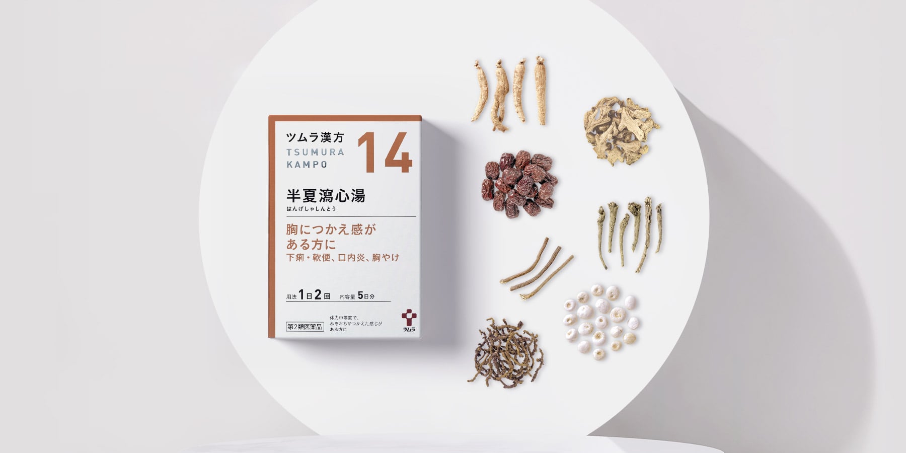 津村市售半夏瀉心湯 14 號外盒與示意生藥