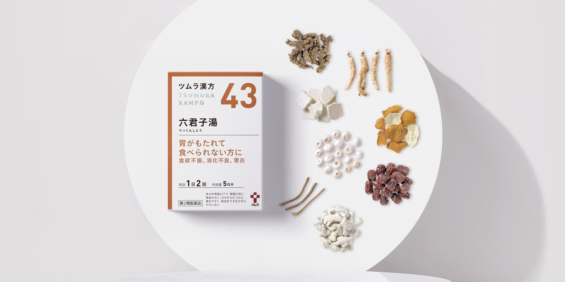 津村市售六君子湯 43 號外盒與示意生藥